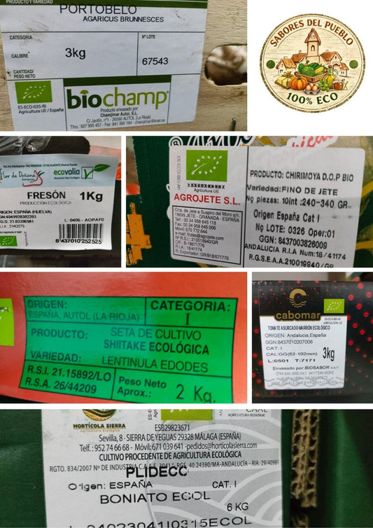 Etiquetas reales de productos ecológicos certificados de Sabores del Pueblo con origen y trazabilidad