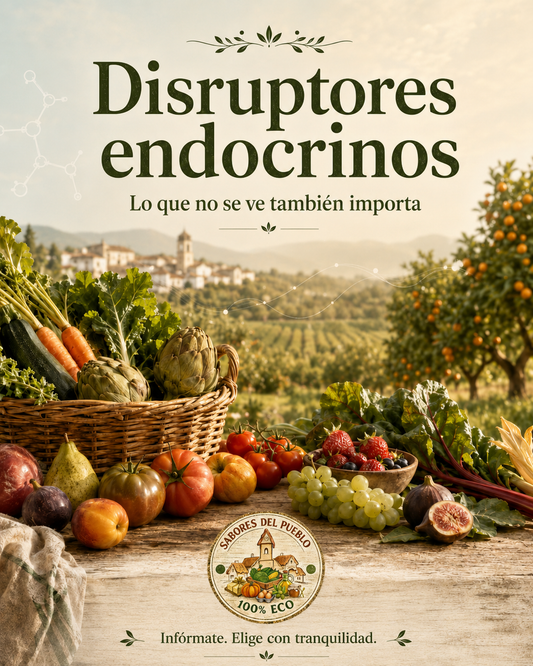 Fruta y verdura junto a una ilustración sobre disruptores endocrinos y agricultura