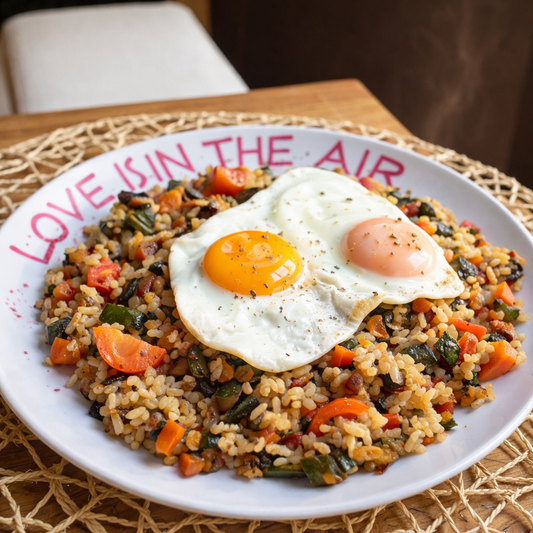 Arroz campero con verduras de la huerta y huevo ecológico servido en plato