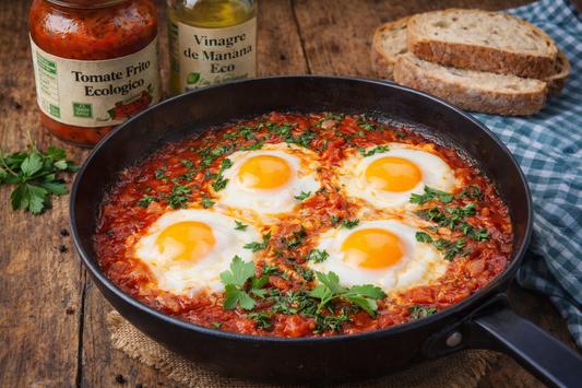 Huevos ecológicos al plato con tomate frito ecológico y vinagre de manzana