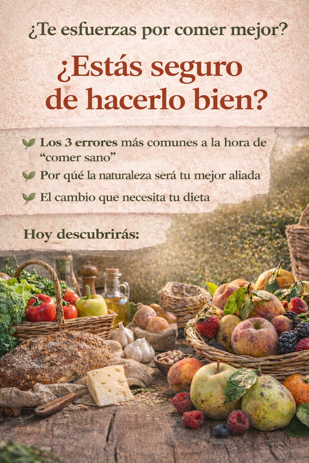 Infografía sobre los 3 errores al intentar comer sano, con alimentos naturales, fruta de temporada y productos tradicionales sobre mesa rústica