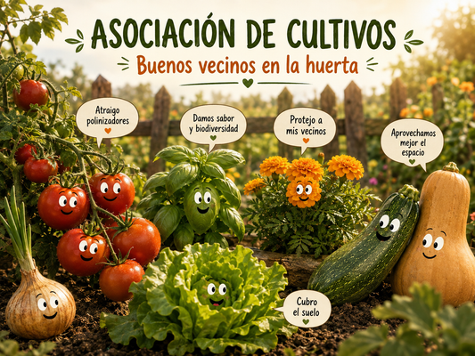 Asociación de cultivos en una huerta ecológica con tomates, albahaca, flores, calabacín, calabaza, cebolla y lechuga creciendo juntas.