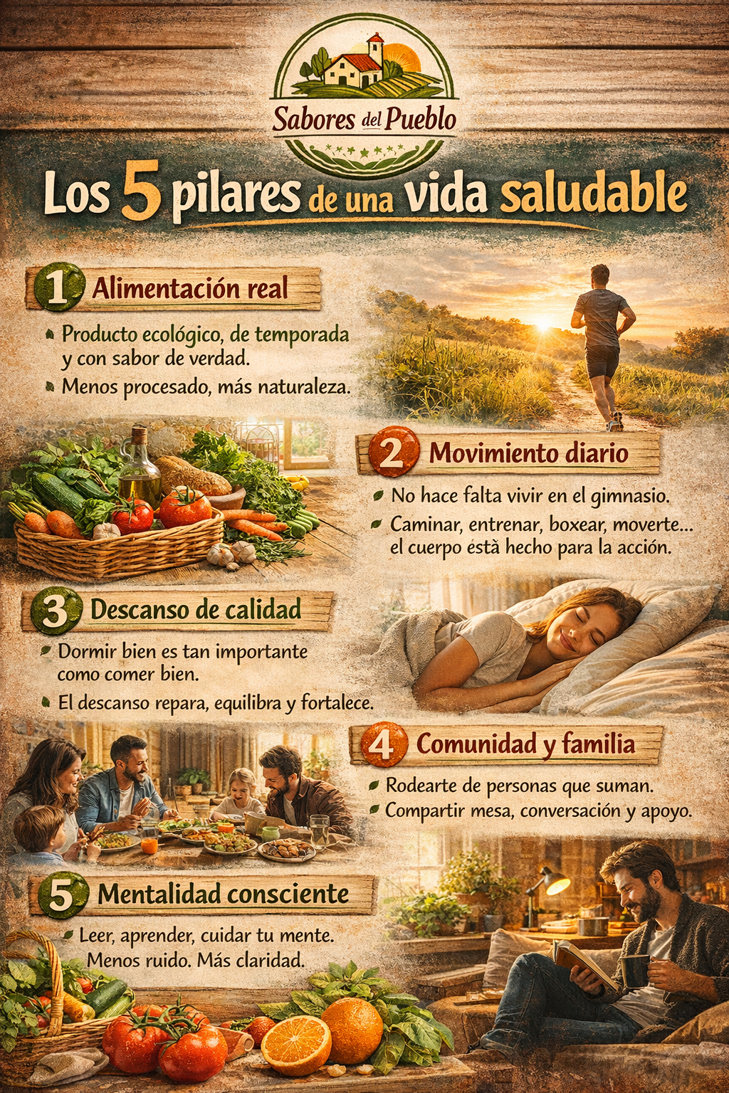 Infografía de Sabores del Pueblo sobre los 5 pilares de una vida saludable: alimentación real, movimiento diario, descanso de calidad, comunidad y mentalidad consciente