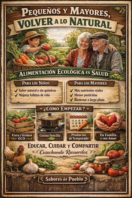 Cartel sobre alimentación ecológica para niños y mayores con frutas, verduras frescas y familia en entorno rural