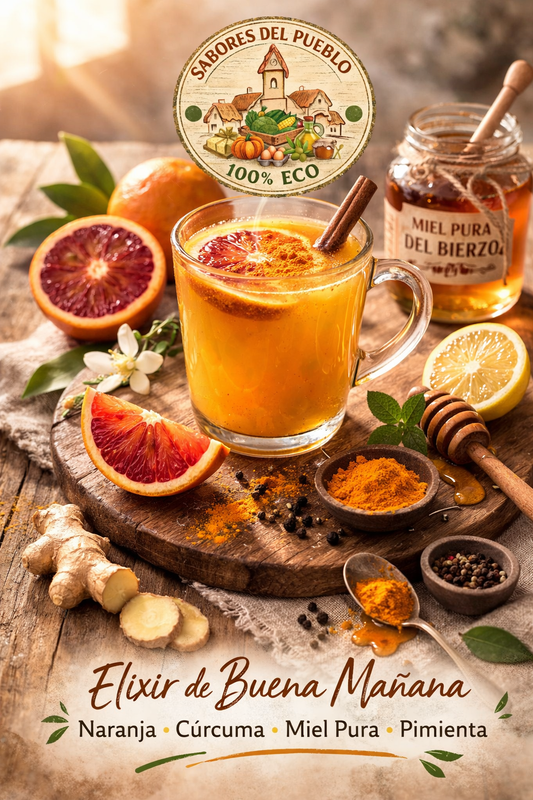 Elixir de buena mañana con naranja sanguina, cúrcuma y Miel Pura del Bierzo en taza de cristal