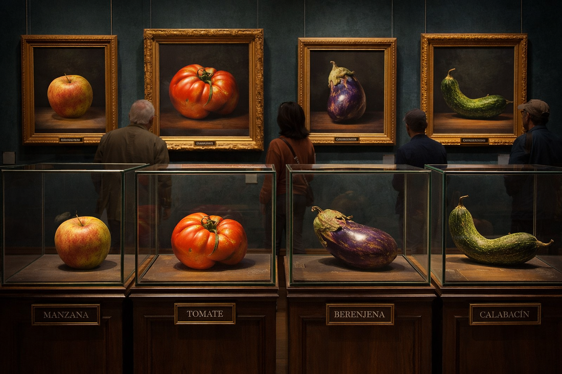 Exposición tipo museo con frutas y verduras ecológicas reales e imperfectas: manzana, tomate, berenjena y calabacín, mostrando que la belleza no importa, sino el sabor y la calidad del producto del campo