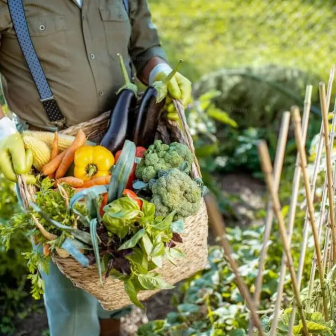 Cosecha de verduras ecológicas en huerta tradicional con cesta de mimbre