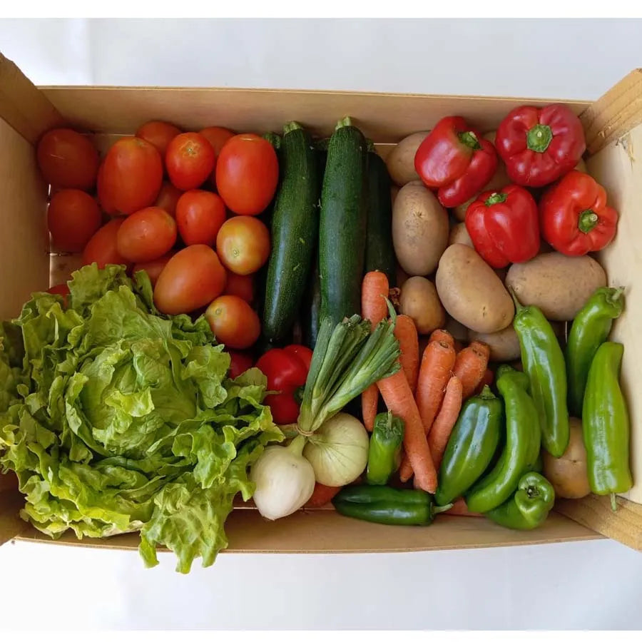 Cesta de verduras ecológicas de temporada Sabores del Pueblo en caja de madera
